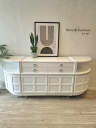 stunning, Very Large Curved Sideboard, By Nathan in Brilliant White On Silver Hairpin Legs