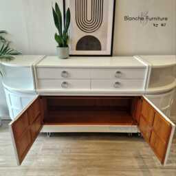 stunning, Very Large Curved Sideboard, By Nathan in Brilliant White On Silver Hairpin Legs - thumbnail 3