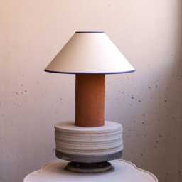 Handcrafted Ceramic Table Lamp, A Lighting & Decorative Item. Terracotta Base White Shade With Purple Trim - thumbnail 2