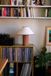 Handmade Ceramic Table Lamp, A Lighting & Decorative Object. Terracotta Base White Shade With Purple Trim
