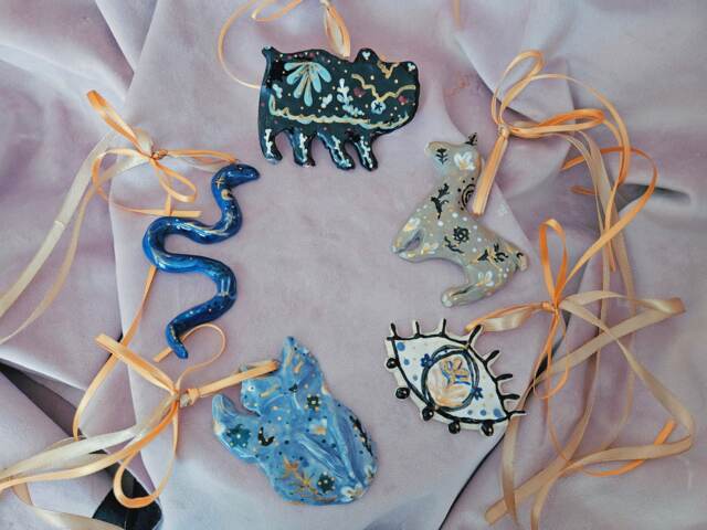 Animal Spirits & Eye Handmade Ceramic Wall Decorations. Christmas Bauble. Gold Details Gold Ribbon. Pottery Gifts - image 1