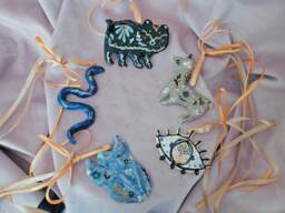 Animal Spirits & Eye Handmade Ceramic Wall Decorations. Christmas Bauble. Gold Details Gold Ribbon. Pottery Gifts