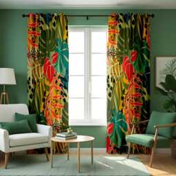 Tropical Jungle Curtains, Bold Green & Red Leaf Print Drapes, Exotic Botanical Pattern Custom Made Window Panels, Eyelet Or Rod Pocket
