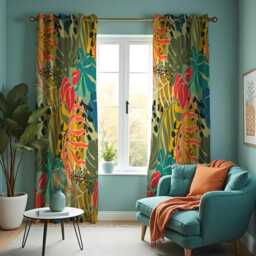 Tropical Jungle Curtains, Bold Green & Red Leaf Print Drapes, Exotic Botanical Pattern Custom Made Window Panels, Eyelet Or Rod Pocket - thumbnail 2