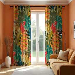 Tropical Jungle Curtains, Bold Green & Red Leaf Print Drapes, Exotic Botanical Pattern Custom Made Window Panels, Eyelet Or Rod Pocket - thumbnail 3