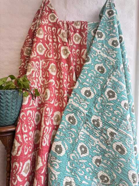 Kantha Stitch Pure Cotton Reversible Bed/Sofa Throw King Size - Handmade Handprinted Floral Dohar Aqua Turquoise White Ikat Motif - image 1
