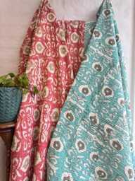 Kantha Stitch Pure Cotton Reversible Bed/Sofa Throw King Size - Handmade Handprinted Floral Dohar Aqua Turquoise White Ikat Motif - thumbnail 1