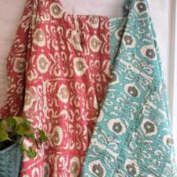 Kantha Stitch Pure Cotton Reversible Bed/Sofa Throw King Size - Handmade Handprinted Floral Dohar Aqua Turquoise White Ikat Motif - thumbnail 4