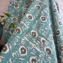 Kantha Stitch Pure Cotton Reversible Bed/Sofa Throw King Size - Handmade Handprinted Floral Dohar Aqua Turquoise White Ikat Motif - thumbnail 2