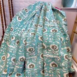 Kantha Stitch Pure Cotton Reversible Bed/Sofa Throw King Size - Handmade Handprinted Floral Dohar Aqua Turquoise White Ikat Motif - thumbnail 3