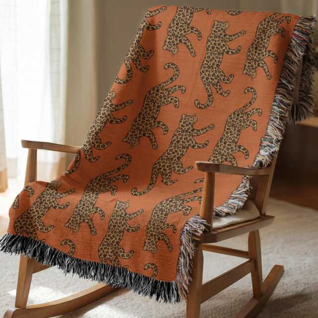 Cotton Woven Blanket, Leopard Parade, Rust Orange, Jungle Cat Decor, Cheetah Throw, Safari Theme, Animal Print, Gift For Her, Fringe Throw - image 1