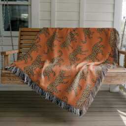 Cotton Woven Blanket, Leopard Parade, Rust Orange, Jungle Cat Decor, Cheetah Throw, Safari Theme, Animal Print, Gift For Her, Fringe Throw - thumbnail 2