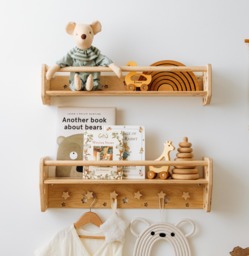 Natural Toddler Shelf For Toys & Books - Montessori Wooden Wall With Star Hooks Kids Clothes Rack Floating Nursery Room Organizer - thumbnail 1
