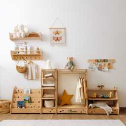 Natural Toddler Shelf For Toys & Books - Montessori Wooden Wall With Star Hooks Kids Clothes Rack Floating Nursery Room Organizer - thumbnail 3