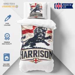 Personalised Name England Flag Single Duvet Cover Lion Silhouette Football Supporter Bedding St Georges Cross Sports Fan Bedroom Decor Gift - thumbnail 4