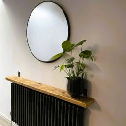 Extra Narrow Entryway Radiator Shelf Cover, Bathroom 10cm With L Brackets, Custom Size, Reclaimed Solid Wood, Brick Masonry Wall - thumbnail 2