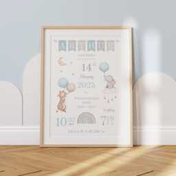 Personalised New Baby Birth Details Gift - Safari Animal Boy Or Girl Nursery Print Newborn Baby, Christening, 1st Birthday Keepsake - thumbnail 1