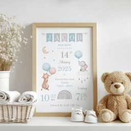 Personalised New Baby Birth Details Gift - Safari Animal Boy Or Girl Nursery Print Newborn Baby, Christening, 1st Birthday Keepsake - thumbnail 3