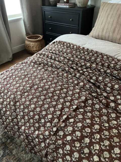 Handmade Brown Floral Kantha Quilt - Indian Cotton Bedspread Throw - image 1