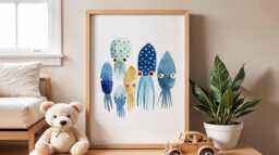 Colorful Squid Nursery Poster, Ocean Animal Wall Art, Under The Sea Kids Room Print, Playful Baby Shower Gift, Coastal Decor - thumbnail 1