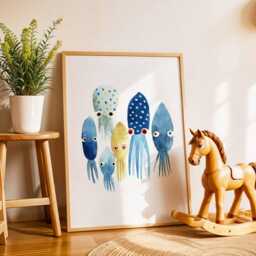 Colorful Squid Nursery Poster, Ocean Animal Wall Art, Under The Sea Kids Room Print, Playful Baby Shower Gift, Coastal Decor - thumbnail 2