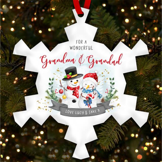 Grandparents Snowman Couple Personalised Christmas Tree Ornament Decoration