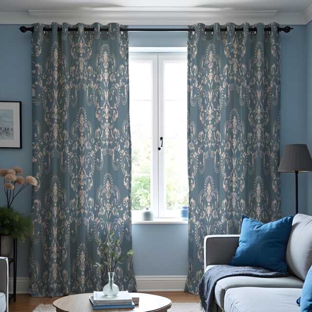Blue Beige Damask Curtains, Farmhouse Pattern Drapes, Timeless Style Custom Size Window Panels For Living Room Or Bedroom - image 1