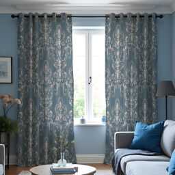 Blue Beige Damask Curtains, Farmhouse Pattern Drapes, Timeless Style Custom Size Window Panels For Living Room Or Bedroom - thumbnail 1