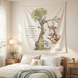 Winnie The Pooh Wall Tapestry - Nursery Boho Decor, Hundred Acre Wood Hanging, Bear Baby Room, Kids Bedroom - thumbnail 3
