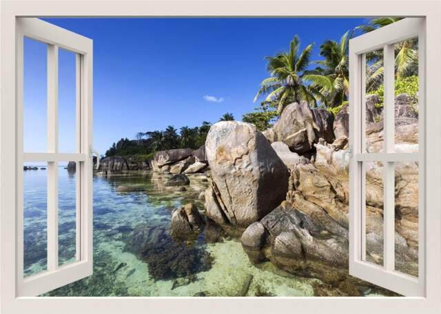 Tropical Sea Coast Wall Sticker, 3D Window Decal, Beach Frame View Sticker Home Decor