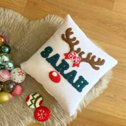 Embroidered Christmas Name Pillow, Personalized Punch Needle Cushion, Xmas Gift, Custom New Year's Gift Idea, Handmade Farmhouse Decorations - thumbnail 1