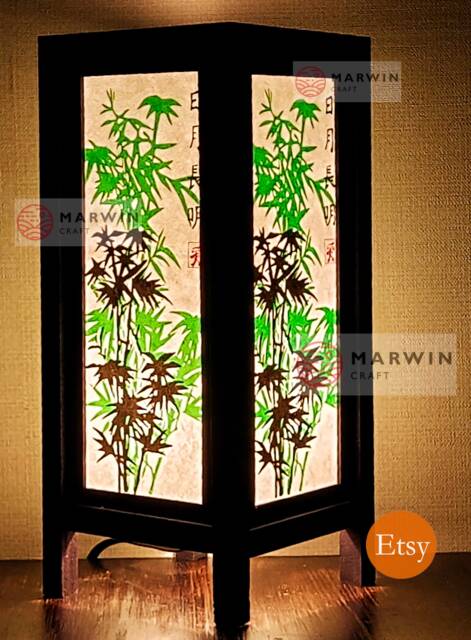 Asian Oriental Green Bamboo Japanese Lamp Zen Bedside Floor Table Paper Light Shades Bedroom Home Decor Living Room - image 1