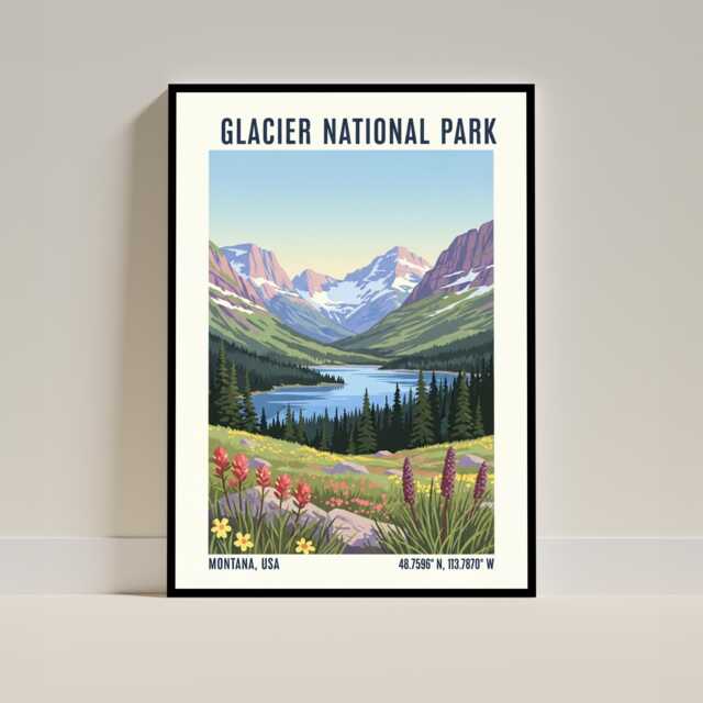 Glacier National Park Montana Poster - Usa Travel Art Print Illustration America - image 1