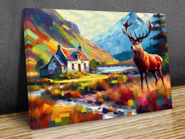 Scottish Stag, Cottage , Landscape, Vibrant Colours Wall Art, Hangings Home D??cor, Mounted Canvas Print Ready To Hang - image 1