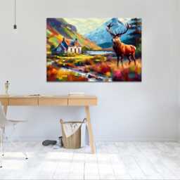 Scottish Stag, Cottage , Landscape, Vibrant Colours Wall Art, Hangings Home D??cor, Mounted Canvas Print Ready To Hang - thumbnail 3