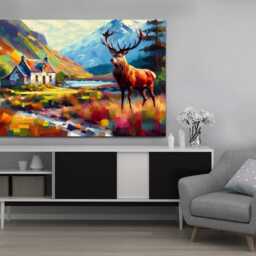 Scottish Stag, Cottage , Landscape, Vibrant Colours Wall Art, Hangings Home D??cor, Mounted Canvas Print Ready To Hang - thumbnail 2