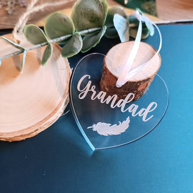 Acrylic Heart Christmas Tree Ornament - Personalised Decoration Feather Babyloss Loss Of Grandad - image 1