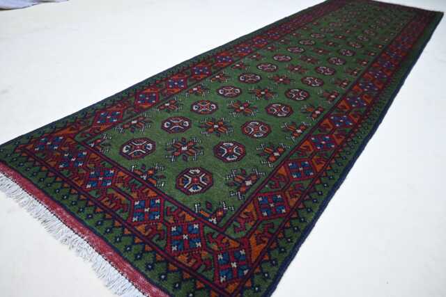 3x10 Ft Afghan Green Runner Rug, Vintage Pattern Oriental Hand Knotted Soft Wool Bukhara Veg Dyes Traditional Hallway - image 1