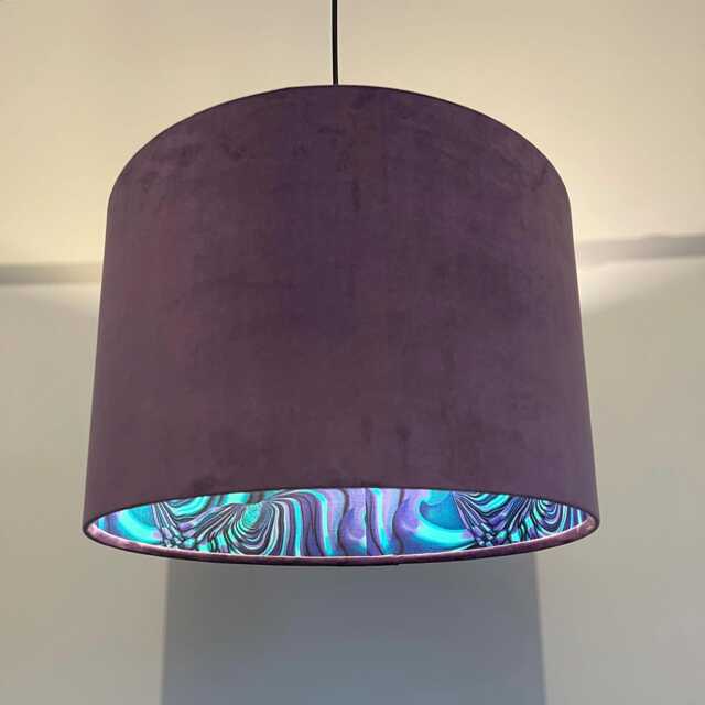 Purple Velvet Drum Lampshade, Double Sided Lampshade With Purple Wavy Marble Cotton Interior - image 1