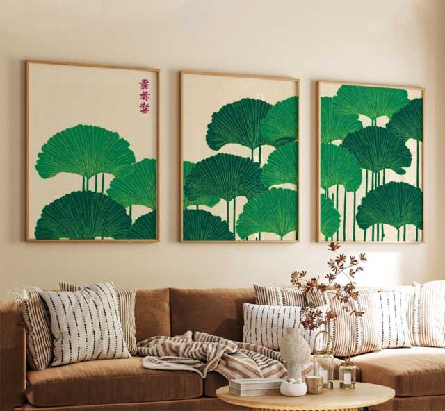Ginkgo Leaf Botanical Poster Set - Japanese Style Nature Wall Art Green Neutral Tones - image 1