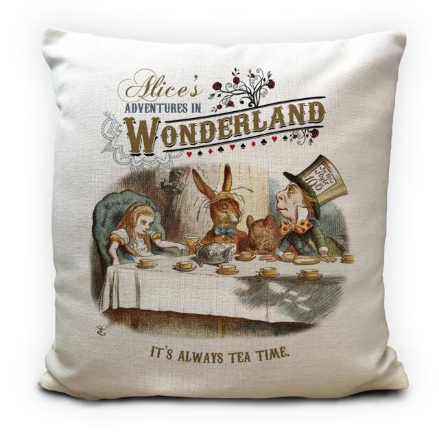 Alice Wonderland Cushion Cover, Vintage Mad Hatter, White Rabbit & Print, Home Decor, Its Always Tea Time Quote - 40cm 16 Inches - image 1