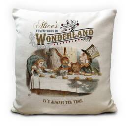 Alice Wonderland Cushion Cover, Vintage Mad Hatter, White Rabbit & Print, Home Decor, Its Always Tea Time Quote - 40cm 16 Inches - thumbnail 1