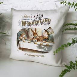 Alice Wonderland Cushion Cover, Vintage Mad Hatter, White Rabbit & Print, Home Decor, Its Always Tea Time Quote - 40cm 16 Inches - thumbnail 2