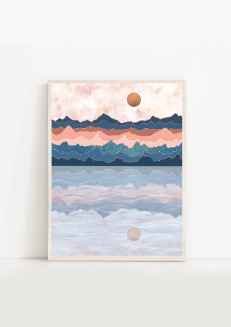 A3 A4 Original Art Print - Blue Pink Nautical Sea Nature Poster Sun Art Bedroom Wall Sunset Calming - image 1