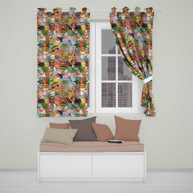 Cute Hawaiian Kids Tiki Mask Pineapple Teal Background Seamless Pattern Readymade Eyelet Ring Top Thermal 100% Blackout Curtains - image 1