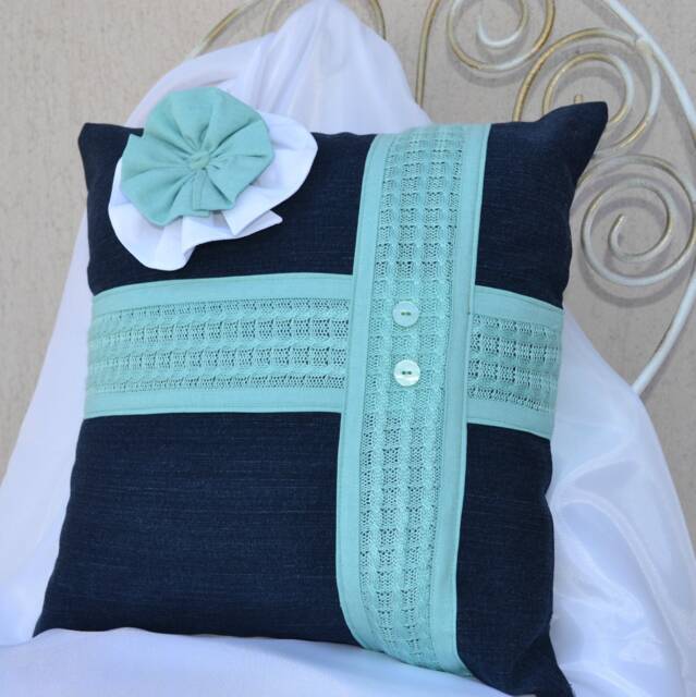Denim Pillow Chunky Blue Aquamarine Flower Cushion - 16x16 In - image 1