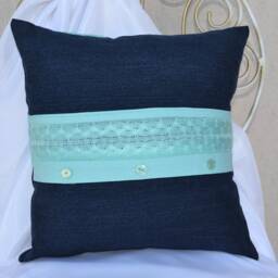 Denim Pillow Chunky Blue Aquamarine Flower Cushion - 16x16 In - thumbnail 3