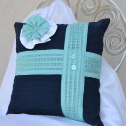 Denim Pillow Chunky Blue Aquamarine Flower Cushion - 16x16 In - thumbnail 1