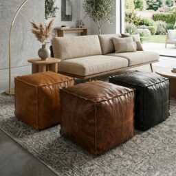 Handmade Vegan Leather Pouf - Cubes Ottoman Footstool Tan Brown Black - Unstuffed Leathers - thumbnail 2