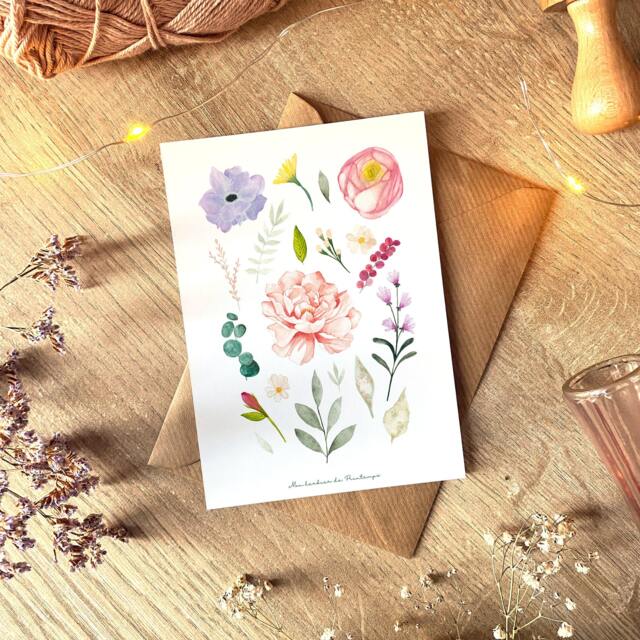 A6 Card With Watercolor Spring Flowers - Rose, Peony, Eucalyptus & Anemones Made in France - image 1